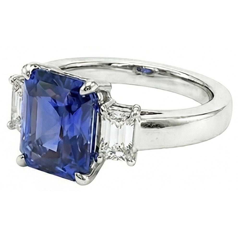 Radiant Natural Earth Mined Diamond Three Stone Ceylon Sapphire Ladies Ring 1.75 Carats