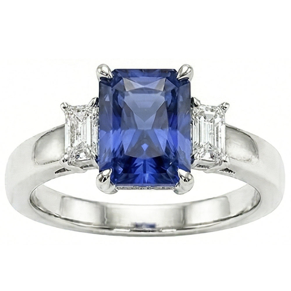 Radiant Natural Earth Mined Diamond Three Stone Ceylon Sapphire Ladies Ring 1.75 Carats