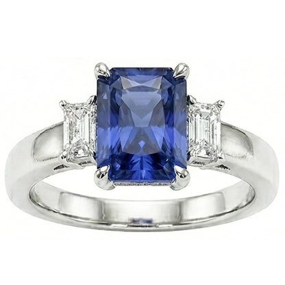 Radiant Natural Earth Mined Diamond Three Stone Ceylon Sapphire Ladies Ring 1.75 Carats