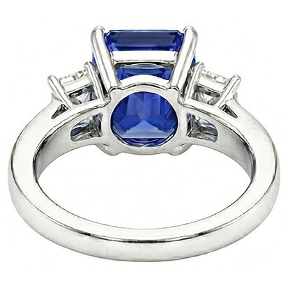 Radiant Natural Earth Mined Diamond Three Stone Ceylon Sapphire Ladies Ring 1.75 Carats