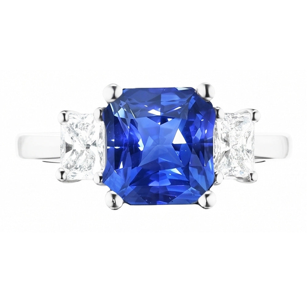 Radiant Natural Earth Mined Diamond & Blue sapphire Ring 3 Stone Gemstone Jewelry 2 Carats
