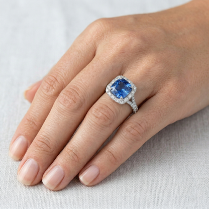 Radiant Cut Ceylon Sapphire & Round Natural Earth Mined Diamond Ring 3 Ct. White Gold 14K