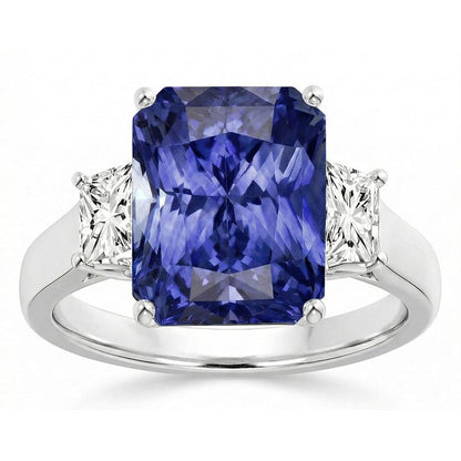 Radiant Natural Earth Mined Diamond Engagement Ring 4 Carats 3 Stone Gold Sapphire Jewelry