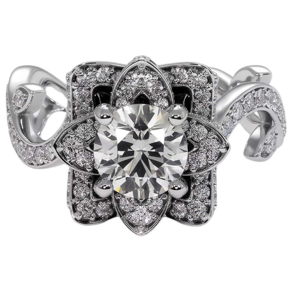 Real Natural Earth Mined Diamond Ring Lotus Flower 2.50 Carats 4 Prong Setting White Gold