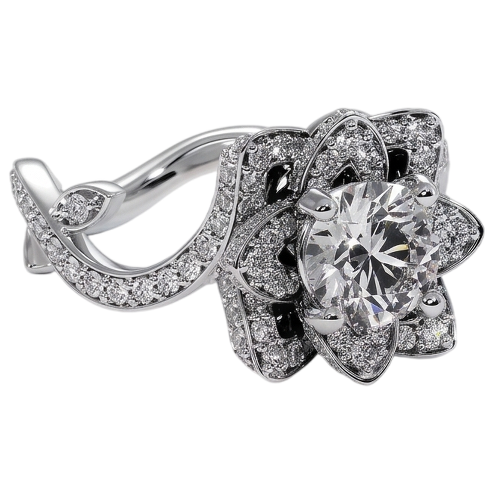 Real Natural Earth Mined Diamond Ring Lotus Flower 2.50 Carats 4 Prong Setting White Gold
