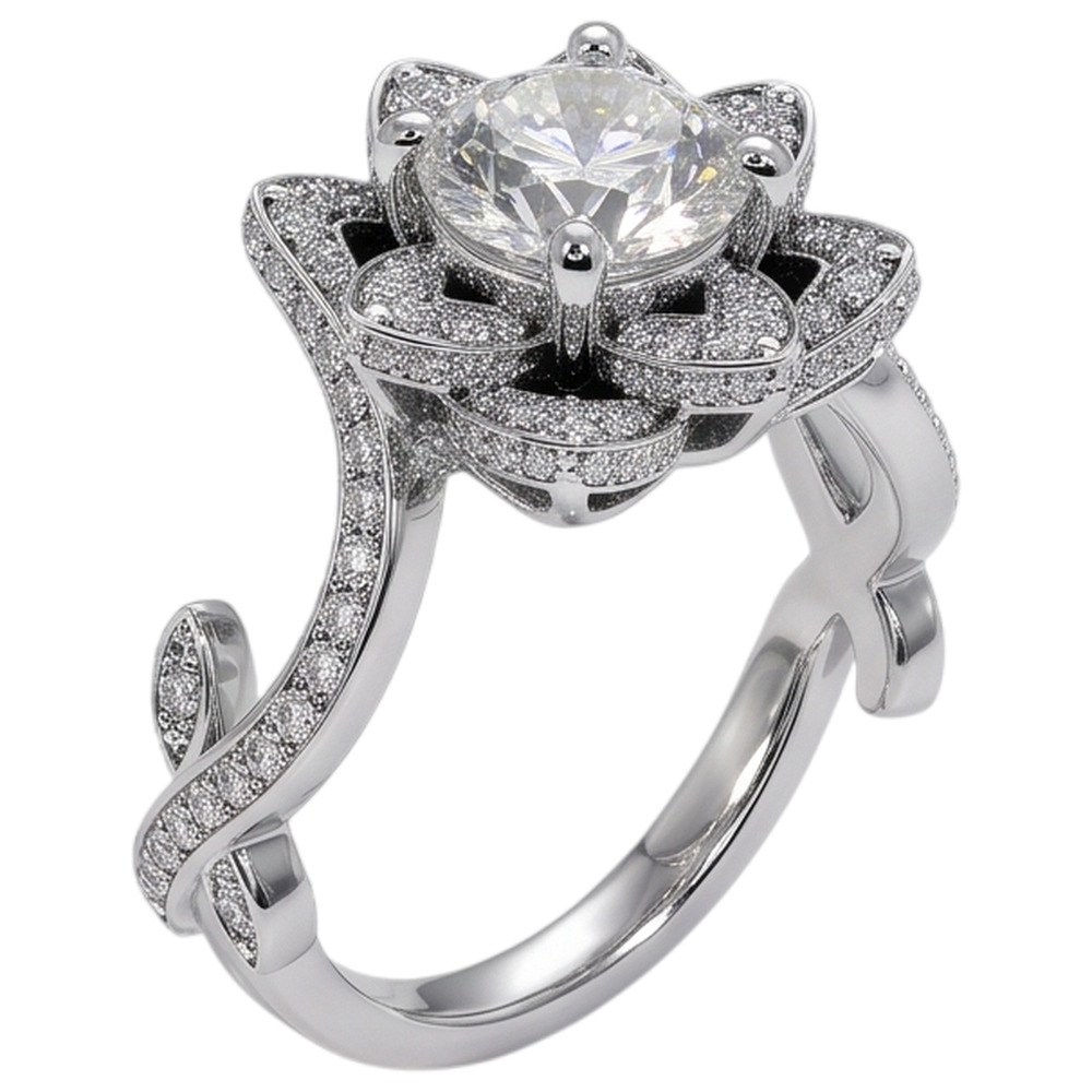 Real Natural Earth Mined Diamond Ring Lotus Flower 2.50 Carats 4 Prong Setting White Gold