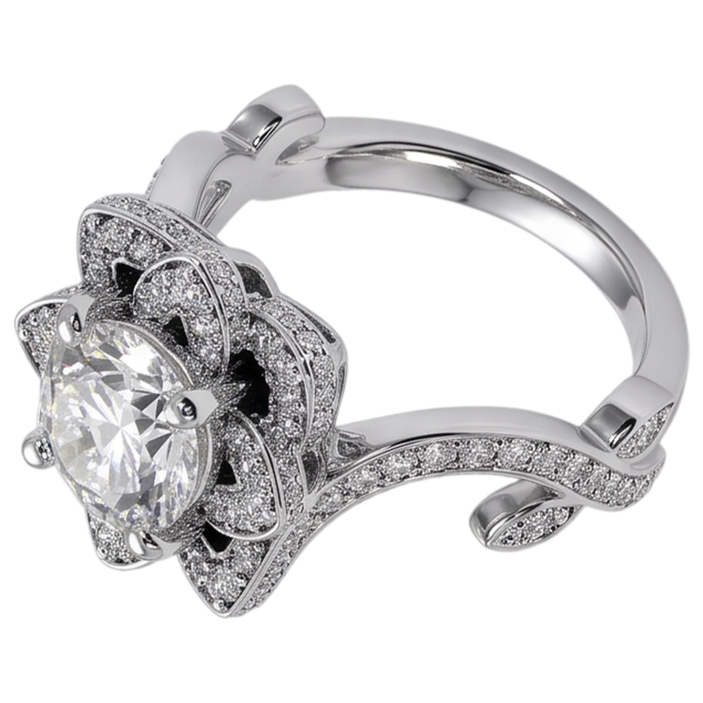 Real Natural Earth Mined Diamond Ring Lotus Flower 2.50 Carats 4 Prong Setting White Gold