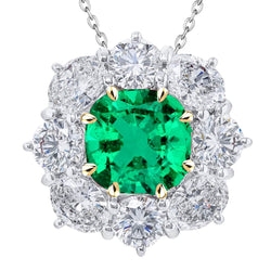 Real Cushion Green Emerald GIA Pendant Halo Necklace 20 mm