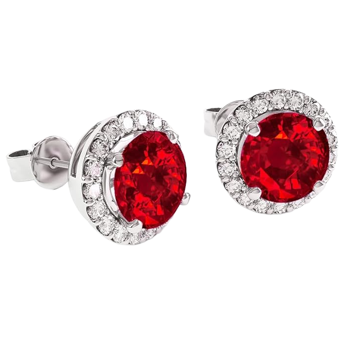 Red Ruby Halo Natural Earth Mined Diamond Ladies Stud Earrings Prong Set 9.10 Ct. WG 14K