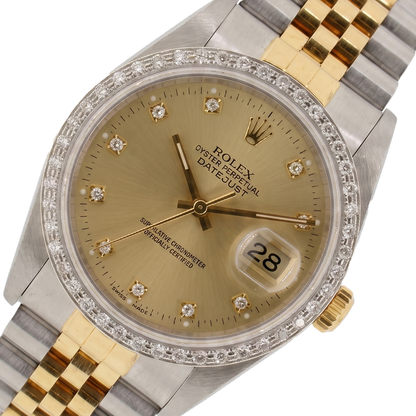 Rolex Datejust Mens Watch Diamond Bezel Two-Tone Bracelet Quick Set