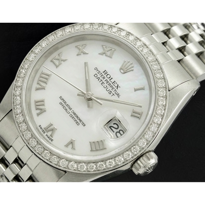 Rolex Dj White Mop Roman Dial Diamond Bezel Ss Jubilee Bracelet QUICK SET