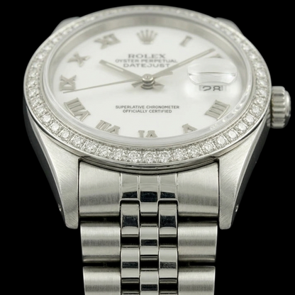 Rolex Dj White Mop Roman Dial Diamond Bezel Ss Jubilee Bracelet QUICK SET