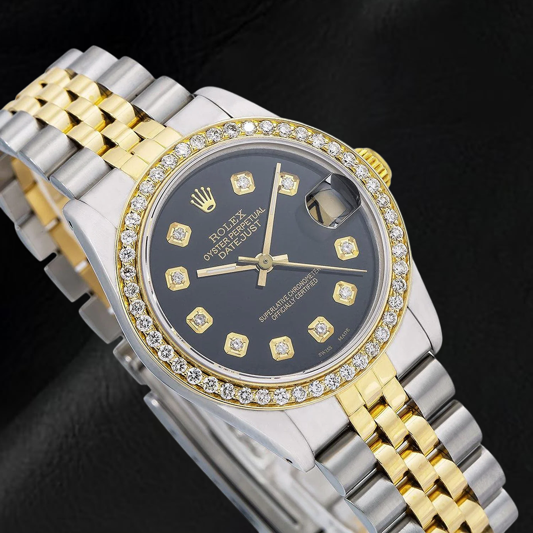 Rolex Mid Size Datejust Diamond Watch Black Midsize Diamond Dial