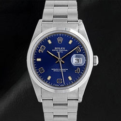 Rolex 15200 Oyster Perpetual Date Blue Arabic 34mm SS Watch