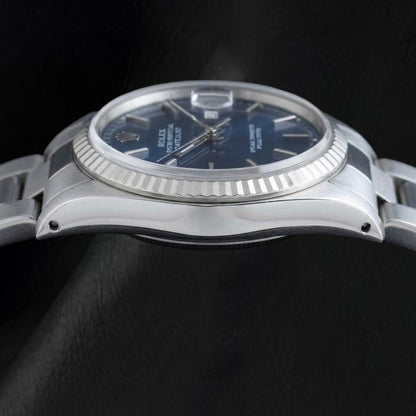 Rolex Blue Stick Dial Datejust 36mm Fluted Bezel Stainless Steel Watch