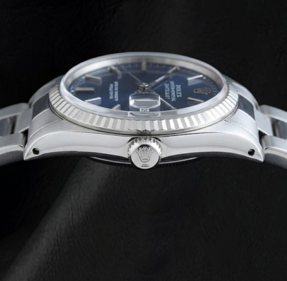 Rolex Blue Stick Dial Datejust 36mm Fluted Bezel Stainless Steel Watch