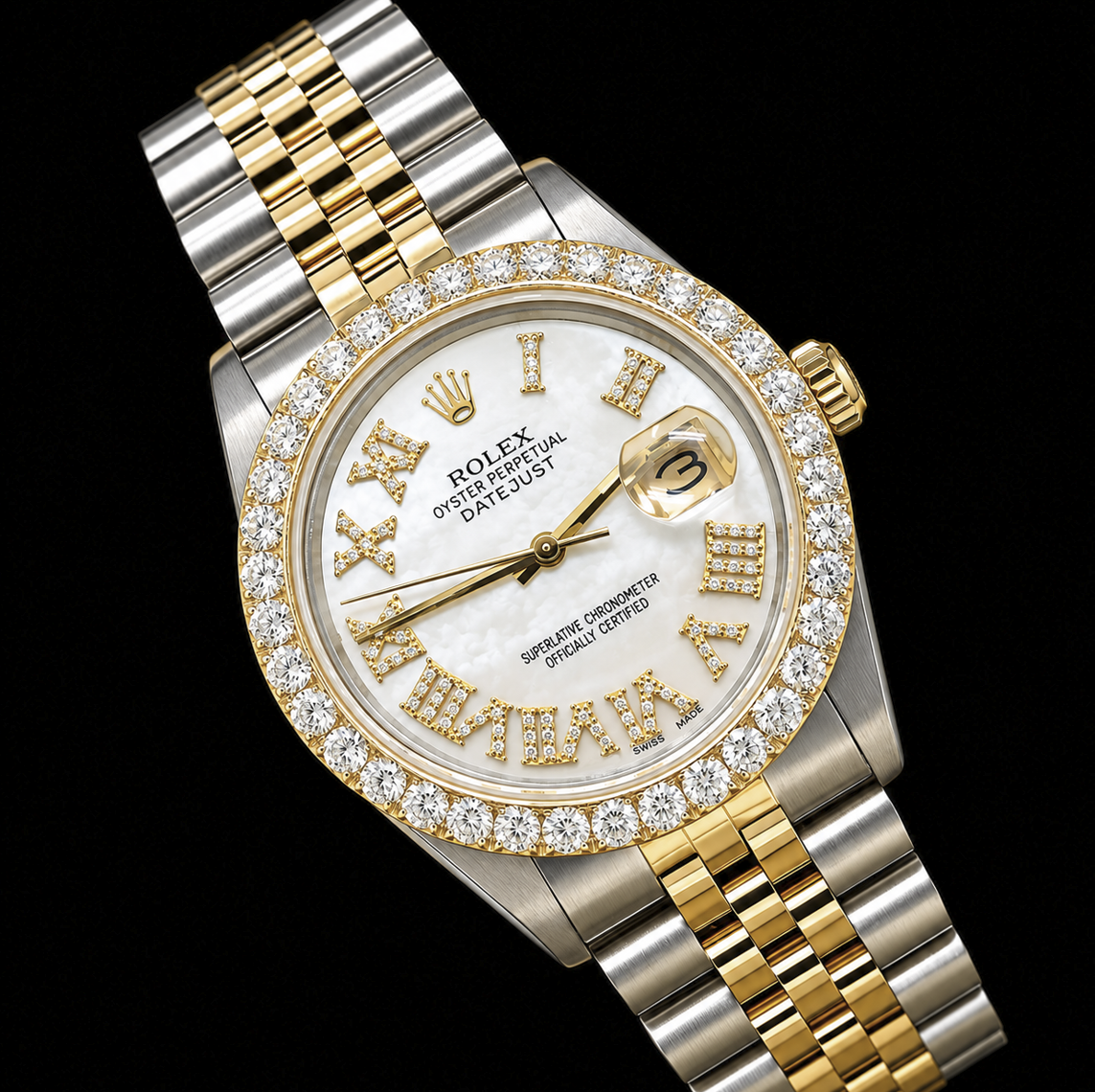 Rolex Datejust 16013 36mm White Mother of Pearl Roman Diamond Dial Two Tone Watch