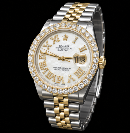 Rolex Datejust 16013 36mm White Mother of Pearl Roman Diamond Dial Two Tone Watch