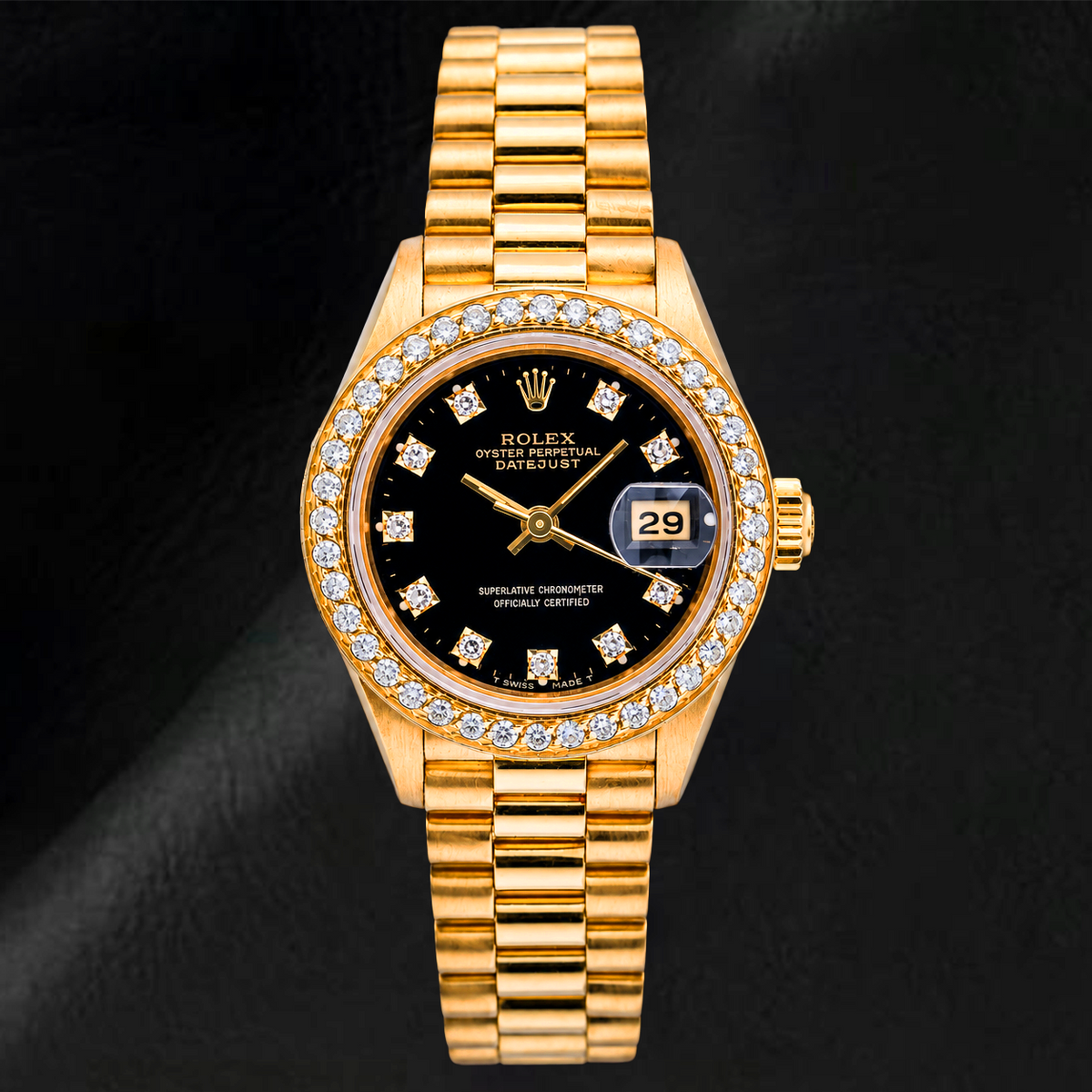 Rolex Datejust 26MM 69178 Black Factory Diamond Dial Diamond Bezel Yellow Gold
