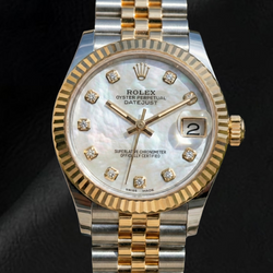 Rolex Datejust 31mm White Mother Of Pearl Diamond Dial Fluted Bezel Two Tone Watch With Hidden Clasp