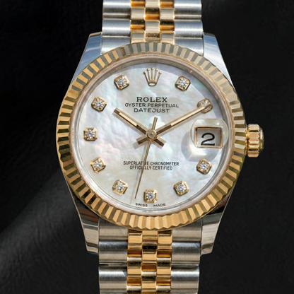 Rolex Datejust 31mm White Mother Of Pearl Diamond Dial Fluted Bezel Two Tone Watch With Hidden Clasp
