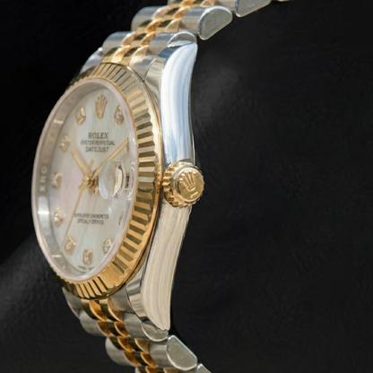 Rolex Datejust 31mm White Mother Of Pearl Diamond Dial Fluted Bezel Two Tone Watch With Hidden Clasp