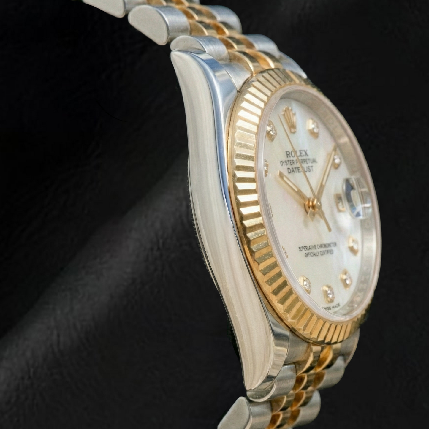 Rolex Datejust 31mm White Mother Of Pearl Diamond Dial Fluted Bezel Two Tone Watch With Hidden Clasp