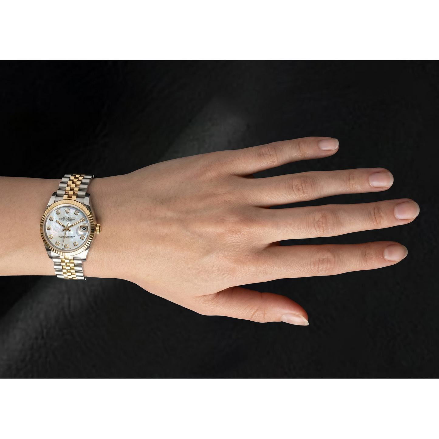 Rolex Datejust 31mm White Mother Of Pearl Diamond Dial Fluted Bezel Two Tone Watch With Hidden Clasp