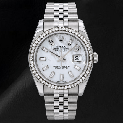Rolex Datejust 36mm 116200 White Mother of Pearl Baguette Diamond Dial Diamond Bezel Jubilee Bracelet  Watch