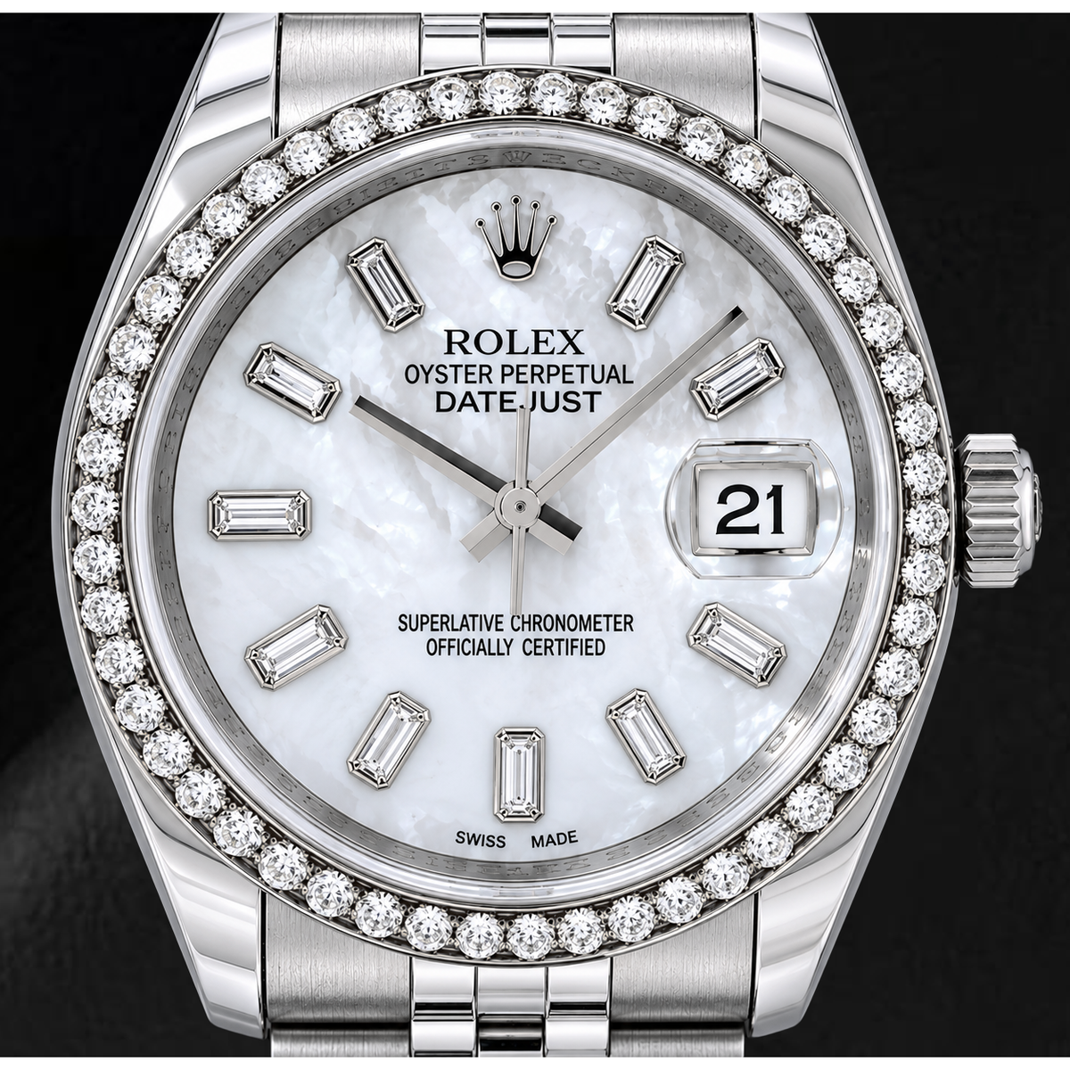 Rolex Datejust 36mm 116200 White Mother of Pearl Baguette Diamond Dial Diamond Bezel Jubilee Bracelet  Watch