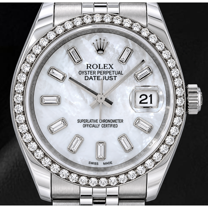 Rolex Datejust 36mm 116200 White Mother of Pearl Baguette Diamond Dial Diamond Bezel Jubilee Bracelet  Watch