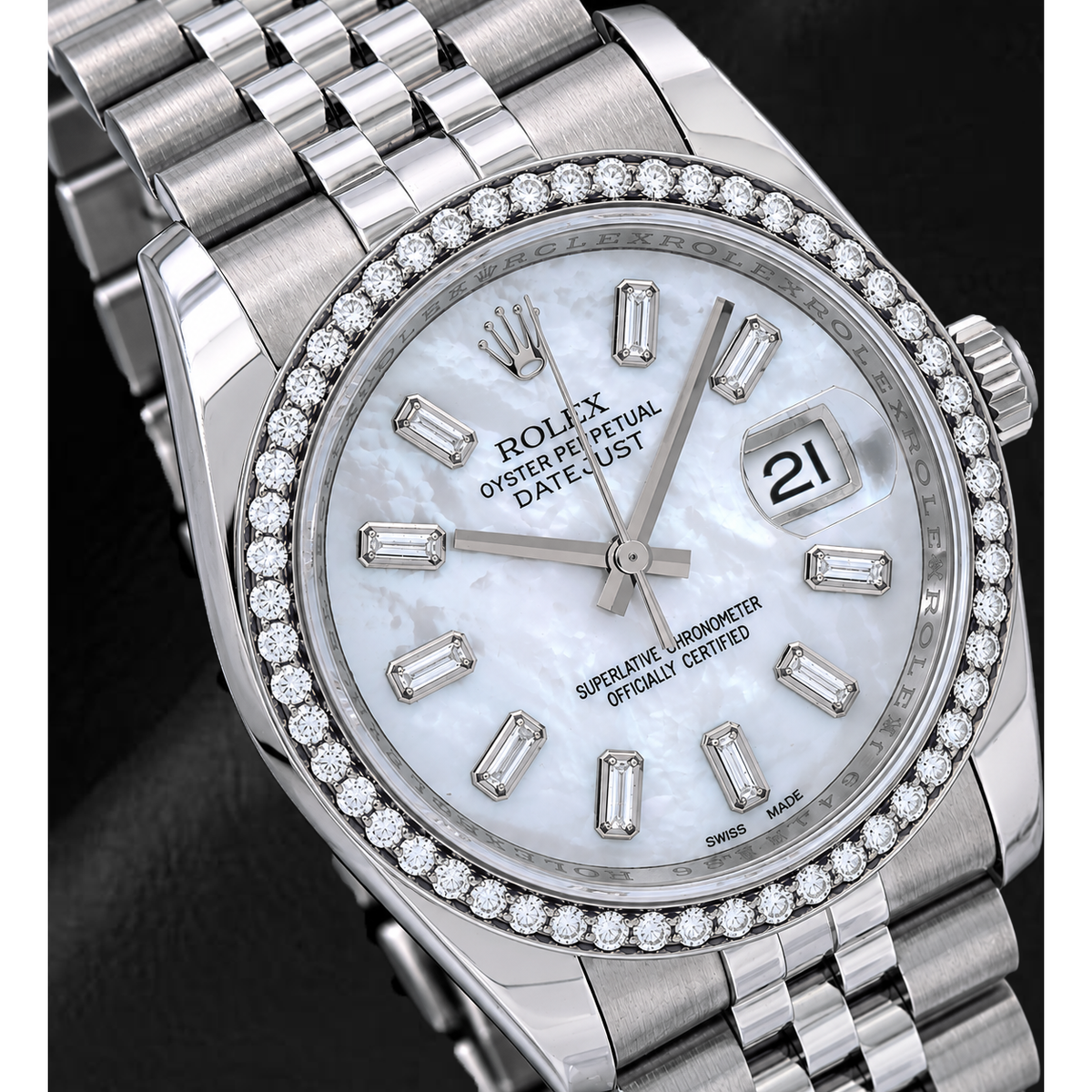 Rolex Datejust 36mm 116200 White Mother of Pearl Baguette Diamond Dial Diamond Bezel Jubilee Bracelet  Watch