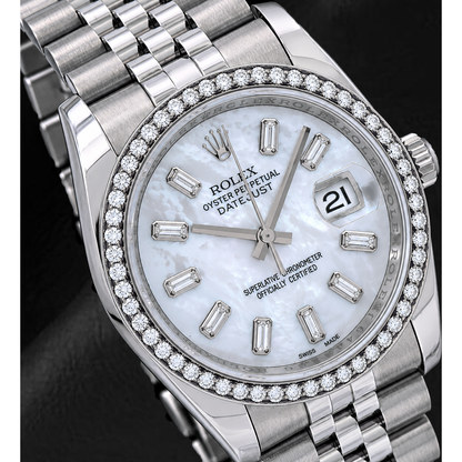 Rolex Datejust 36mm 116200 White Mother of Pearl Baguette Diamond Dial Diamond Bezel Jubilee Bracelet  Watch