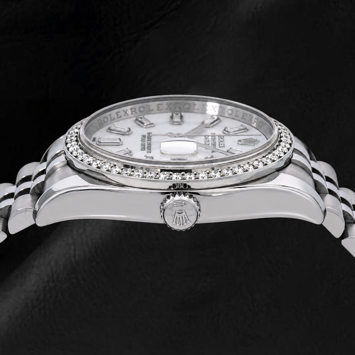 Rolex Datejust 36mm 116200 White Mother of Pearl Baguette Diamond Dial Diamond Bezel Jubilee Bracelet  Watch