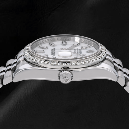 Rolex Datejust 36mm 116200 White Mother of Pearl Baguette Diamond Dial Diamond Bezel Jubilee Bracelet  Watch
