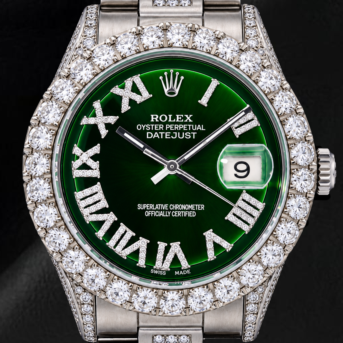 Rolex Datejust 36mm 6605 Green Roman Diamond Dial Diamond Bezel Stainless Steel 