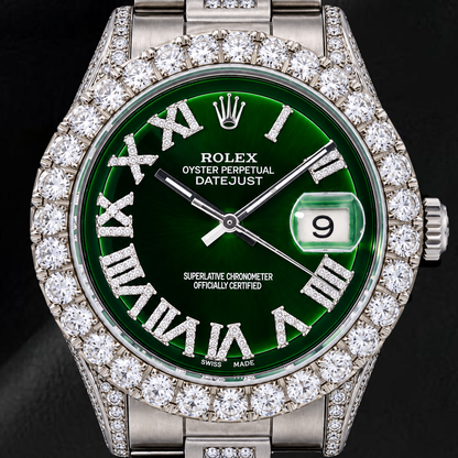 Rolex Datejust 36mm 6605 Green Roman Diamond Dial Diamond Bezel Stainless Steel 