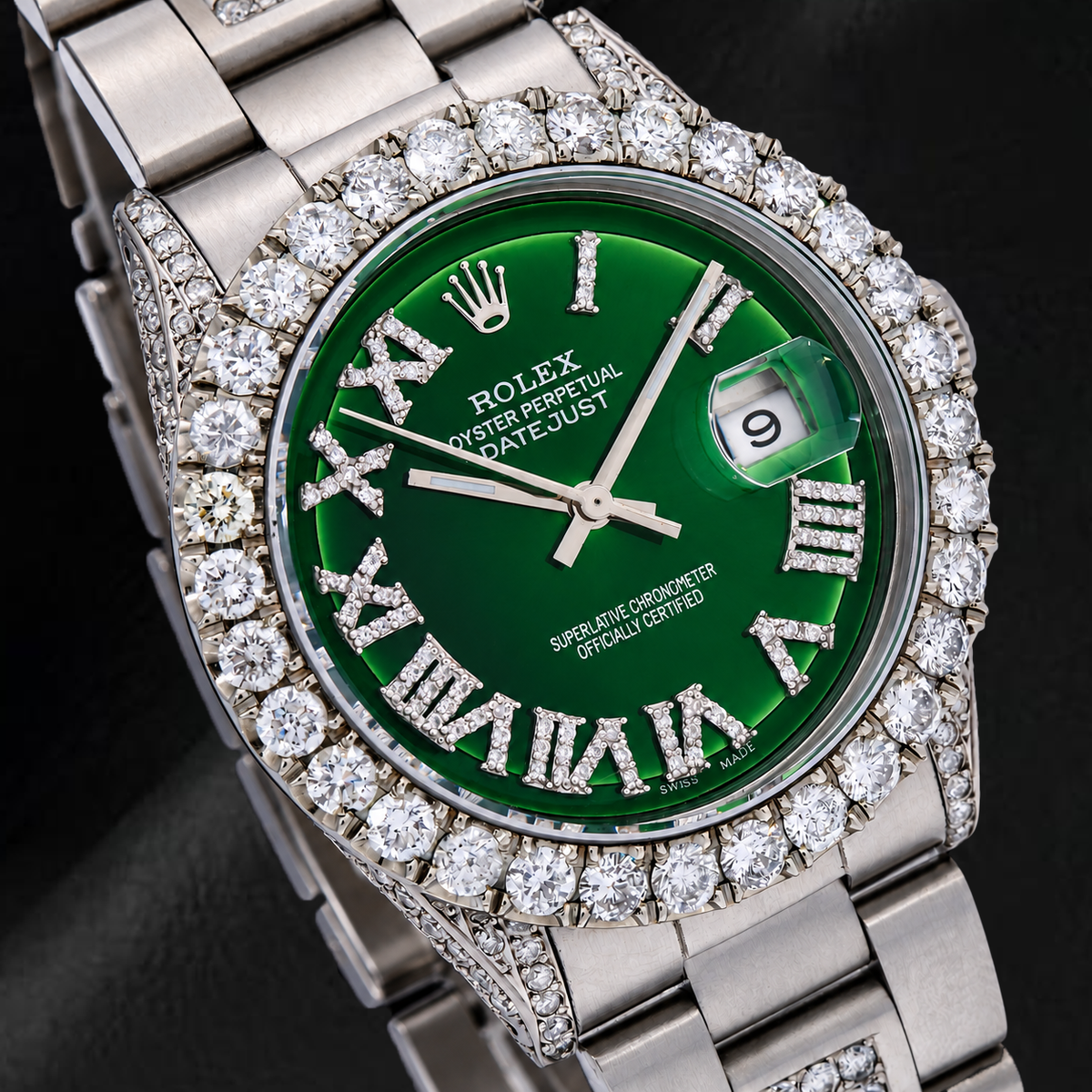 Rolex Datejust 36mm 6605 Green Roman Diamond Dial Diamond Bezel Stainless Steel Watch
