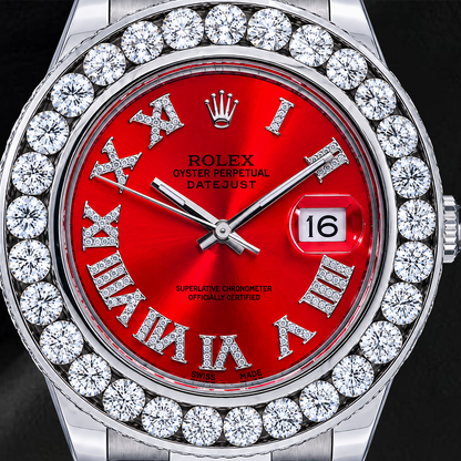 Rolex Datejust 41mm 116300 Red Roman Diamond Dial Diamond Bezel Watch