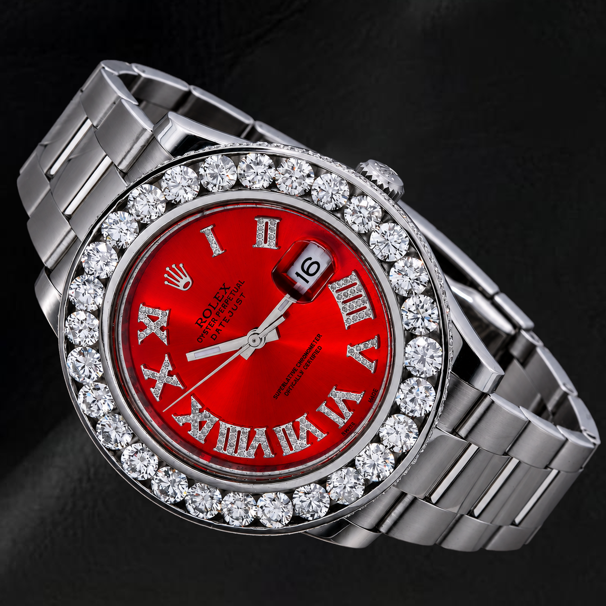 Rolex Datejust 41mm 116300 Red Roman Diamond Dial Diamond Bezel Watch