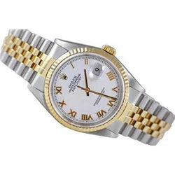 Rolex Datejust Two Tone Bracelet Men Watch White Roman Dial Bezel QUICK SET