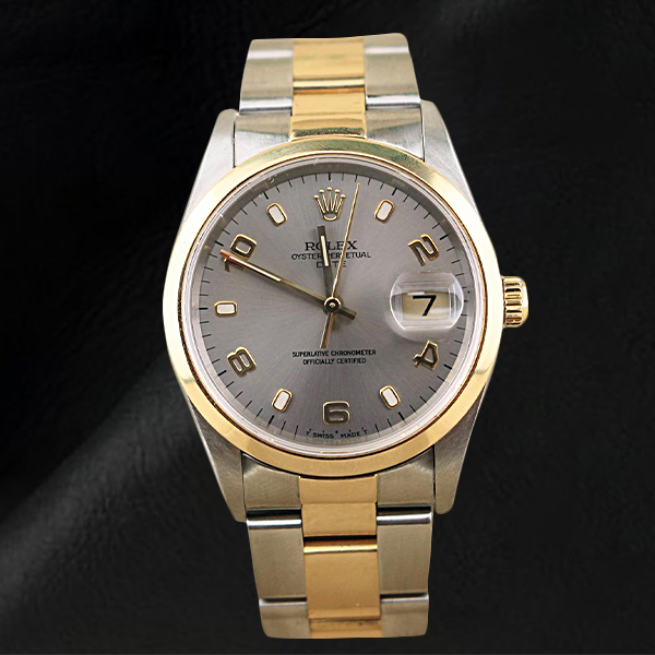 Rolex Oyster Perpetual Date 15203 Silver Arabic 34mm Two Tone Watch