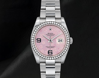 Rolex 116200 Datejust 36mm Pink Floral Arabic Dial Diamond Stainless Steel Watch