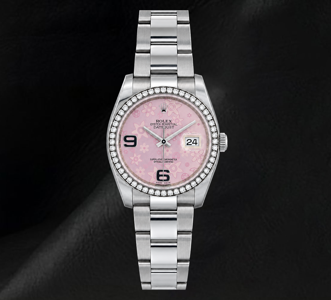 Rolex 116200 Datejust 36mm Pink Floral Arabic Dial Diamond Stainless Steel Watch