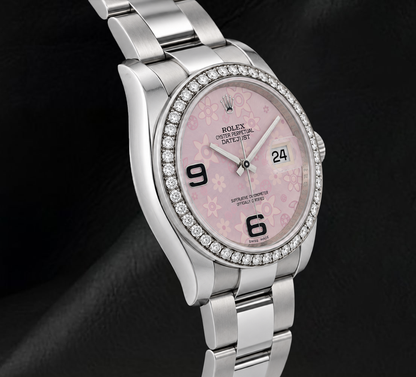 Rolex 116200 Datejust 36mm Pink Floral Arabic Dial Diamond Stainless Steel Watch