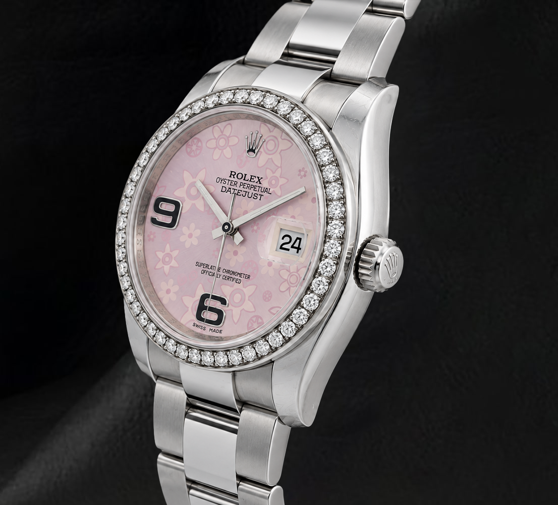 Rolex 116200 Datejust 36mm Pink Floral Arabic Dial Diamond Stainless Steel Watch