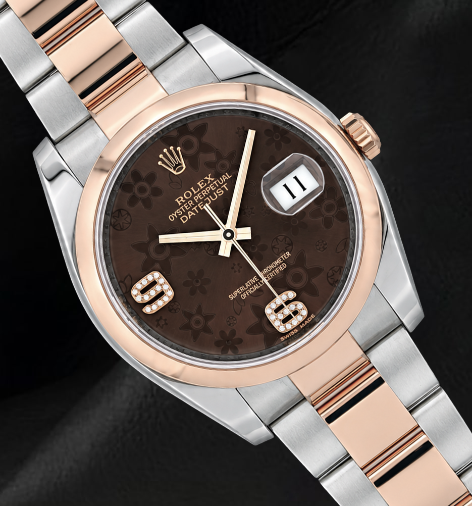 Rolex 116201 Datejust 36mm Brown Floral Arabic Diamond Dial Two Tone Watch