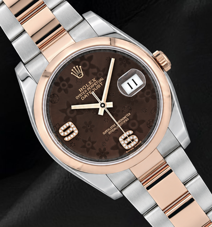 Rolex 116201 Datejust 36mm Brown Floral Arabic Diamond Dial Two Tone Watch