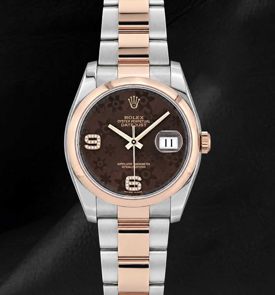 Rolex 116201 Datejust 36mm Brown Floral Arabic Diamond Dial Two Tone Watch