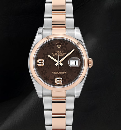 Rolex 116201 Datejust 36mm Brown Floral Arabic Diamond Dial Two Tone Watch